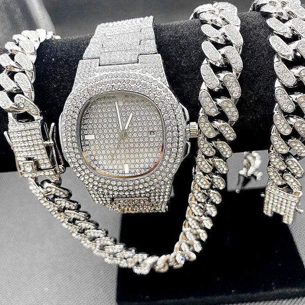 Autres montres Luxe Iced Out Watch Colliers Bracelet Mens Hip Hop Bijoux Set Miama Cuban Link Chain Collier Blinged Gold 230822