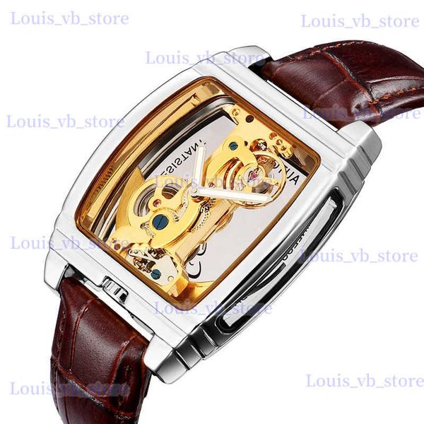 Otros relojes de lujo transparente automático mecánico hombres steampunk esqueleto engranaje automático cuero reloj para hombre es montre homme T240329