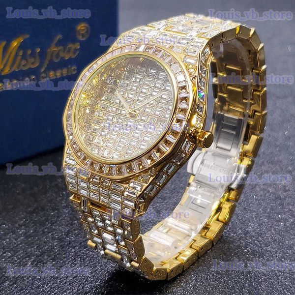 Autres montres hommes es MISSFOX marque de luxe Baguette goutte diamant glacé avec plaque en or 18 carats horloge à main étanche mâle Dropshipping T240329