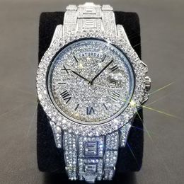 Andere Horloges MISS Dag Datum Horloge Voor Mannen Luxe Volledige Diamant Zilver Quartz Horloge Hip Hop Iced Out Waterdicht Drop 230804
