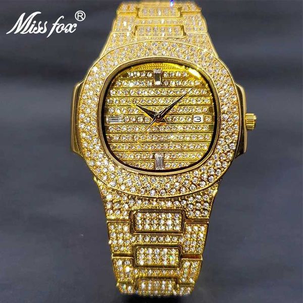 Autres montres Missfox Gold Montres Pour Homme Classique Carré Hip Hop Tendance Mens Montre De Luxe Élégant Diamant Horloge Avec Calendrier Dropshipping J240131