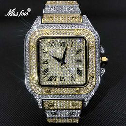Autres montres MISSFOX Platinum Mens Watch Top Luxury All Diamond Square Quartz Mens Watch Hip Hop Ice Out Montre étanche Cadeau 2021 J240131