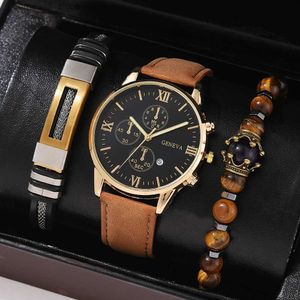 Autres montres Nouveaux hommes Bracelet de luxe Set Fashion Business Brown Cuir Quartz Poignet ES pour hommes Coffret Relogio Masculino Y240316
