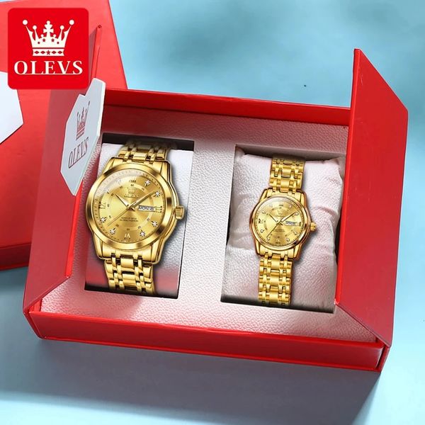 Autres montres OLEVS Couple Montre Paire pour hommes et femmes en acier inoxydable étanche Mens de luxe Gold Diamond Lovers Montres-bracelets 231020