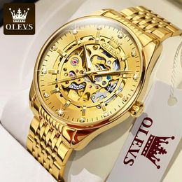 Andere Uhren OLEVS Herren-Luxus-Gold-Skelett-Automatik-Mechanische-Armbanduhr für Herren, wasserdicht, Edelstahl, leuchtend, Business 231123
