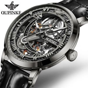 Otros relojes OUPINKE Reloj mecánico automático de lujo para hombres Zafiro Espejo Esqueleto Hueco Diseño Cuero Top Brand Reloj de pulsera impermeable 230726
