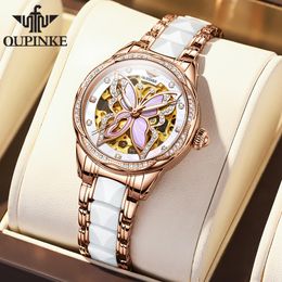 Andere Horloges OUPINKE Horloge voor Dames Set Luxe Automatisch Mechanisch Saffierkristal Skelet Diamant Waterdicht Keramiek Damesarmband 230712