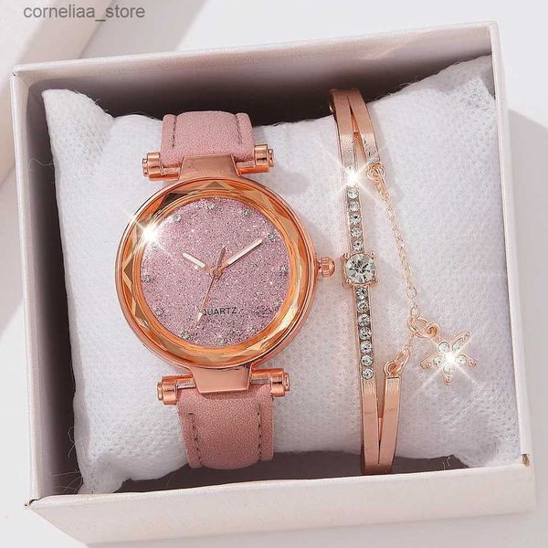 Otros relojes Pink Luxury Fashion Women Set Colorful PU Correa de cuero Ladies Cuarzo Pulsera de aleación para damas Regalo (sin caja) Y240316