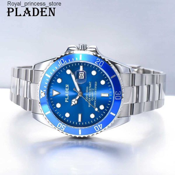 Otros relojes PLADEN Nuevos Hombres Top Marca de lujo Gran Dial Azul Deporte es Cronógrafo Reloj de cuarzo Fecha automática Buceo Relogio masculino Q240301