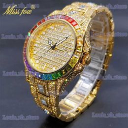 Autres montres Relgio MISSFOX Iced Out Golden es pour hommes Rainbow Diamond Hip Hop Mode Luxe Mens Calendrier automatique Cadeau T240329