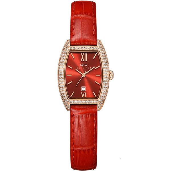Autres montres Relogio Feminino Suisse I W Luxe Rouge Montre-bracelet pour femme Saphir Calendrier Bande de cuir étanche Montre en diamant pour femme 231118