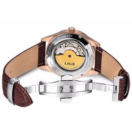 Otros relojes Relogio Masculin LIGE Mens Top Brand Luxury Automatic Mechanical Watch Men Leather Waterproof Week Clock Box 230703