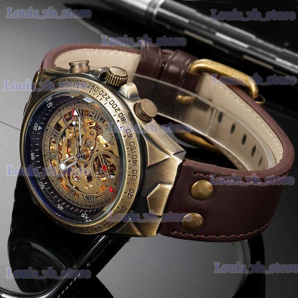 Otros relojes Estilo retro Hombres Esqueleto mecánico automático Steampunk Banda de cuero genuino para hombre Muñeca de cuerda automática es Hombres Reloj T240329