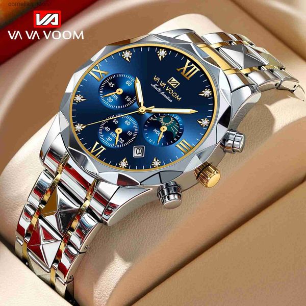 Otros relojes Deportes Hombres VA VOOM Reloj multifuncional de acero inoxidable Azul Gradual Oro Lujo Rhinestone Negocio Cuarzo es Y240316