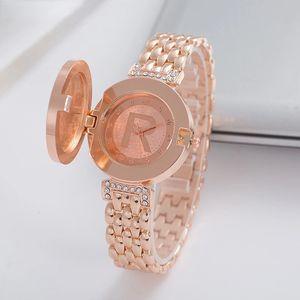 Autres montres Unique Flip Cover Quartz avec lettre R Cristal Diamant Mode Bling Casual Dames Bracelet Montre Golden Femmes 231207