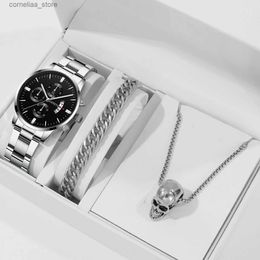 Autres montres Wacthes pour hommes de luxe hommes d'affaires en acier inoxydable quartz poignet mâle calendrier homme décontracté sport bracelet collier ensemble Y240316