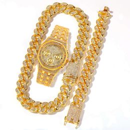 Autres montres Montre Set Collier Montre Bracelet Hip Hop Miami Chaîne Cubaine Big Gold Couleur Glacé Pavé S Bling Hommes Bijoux 230822