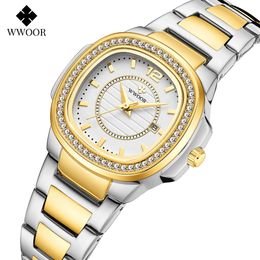 Autres montres WWOOR Femmes 2023 Mode Diamant Bracelet Montre De Luxe Marque Or Dames Quartz Poignet Cadeaux Pour Montre Femme 231122