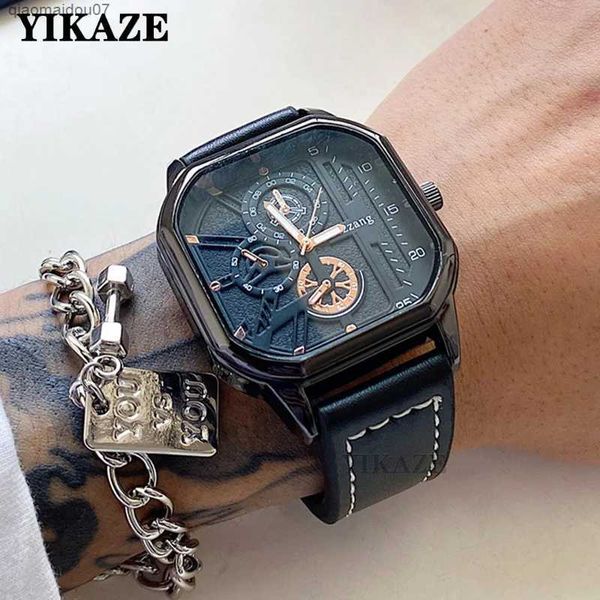 Autres montres yikaze alliage hommes quartz montres en cuir bracelet grand cadran étudiant carré montre cool noire mens watpolater wristwatchl2404