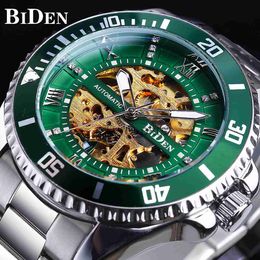 Otros dispositivos portátiles BIDEN Green Skeleton Dial Diamond Design Reloj automático Impermeable Acero inoxidable Luminous Hand Men Business Mechanical Watch x0821