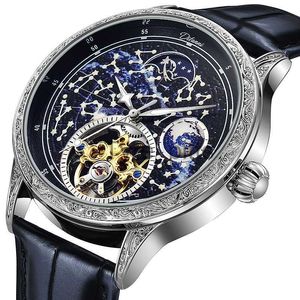 Andere draagbare apparaten Starry Sky Luminous Vintage Tourbillon Mens Watch Top Brand Luxury Belt Watch Men Automatische mechanische skeletklok Reloj 2023 X0821