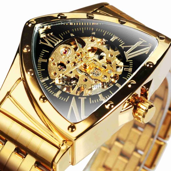 Otros dispositivos portátiles WINNER Triangle Gold Skeleton Reloj automático para hombres Top Brand Luxury Correa de acero inoxidable Moda Deportes Relojes mecánicos x0821