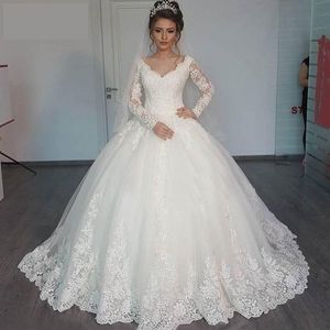 Otros vestidos de novia 2022 vestido de alta calidad manga larga con cuello en V bola de pelota cola de encaje de mariee real po bridal