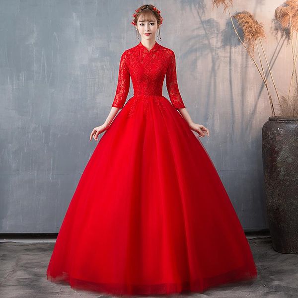 Autres Robes De Mariée 2022 Vintage Rouge Chinois Col Haut Demi Manches Robe Dentelle Broderie Fleur Up Mince Princesse Robe De MariéeAutre