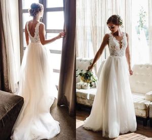 Andere trouwjurken A-lijn strand zomer boho bruid jurk met afneembare trein backless appliques tule jurken plus size andere