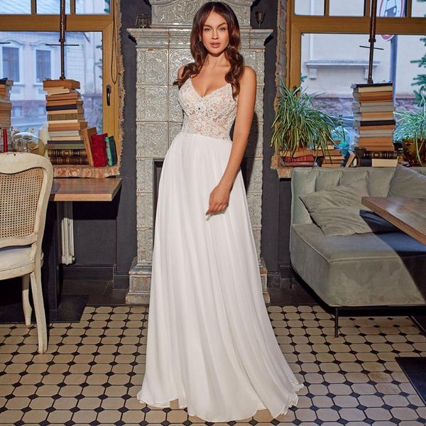 Otros vestidos de novia Correas de espagueti con encanto Vestido bohemio de gasa Escote en V profundo 2022 Vestidos de novia de una línea de encaje sin mangas Vestido de NoviaOthe