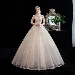 Autres robes de mariée robe à manches longues col haut champagne robe de bal princesse vintage dentelle broderie plus taille