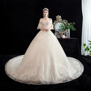 Autres robes de mariée robe de luxe champagne à manches courtes col bateau cour train robe de bal princesse vintage grande taille