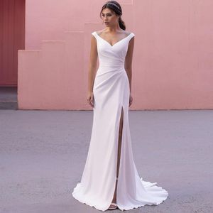 Otros vestidos de novia Elegante Jersey Beach Side Slit Dress 2022 Sexy V-Neck sin mangas plisados Sweep Train vestidos de novia con cremallera BackOther