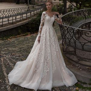 Autres Robes De Mariée Élégant Dentelle Applique Une Ligne Encolure Dégagée À Manches Longues Balayage Train Tulle Robes De Mariée Robe De NoviaAutre