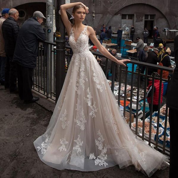 Otros vestidos de novia Modest Tulle 2022 Sexy con cuello en V sin mangas Apliques de encaje Una línea de vestidos de novia Vestido De NoviaOther