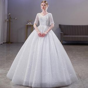 Autres robes de mariée en dentelle brillante avec des appliques à manches courtes Robes de Novia 2022 Blanc Col en V Princesse Robes de mariée Plus TailleAutre