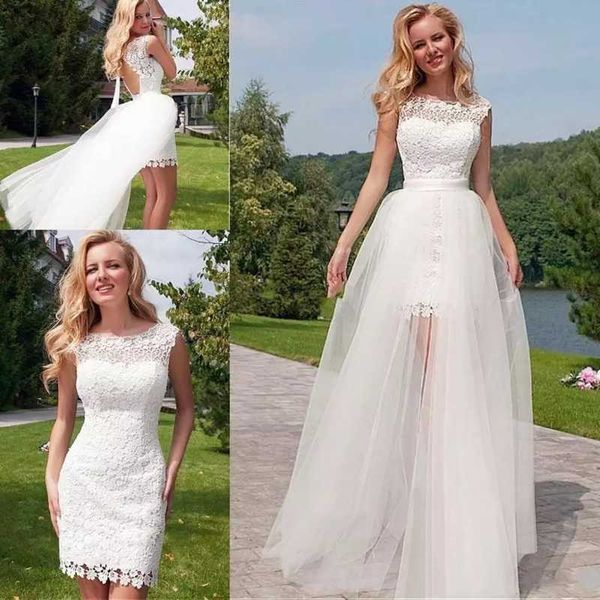 Otros vestidos de novia tul de encaje corto con falda desmontable cuello redondo apliques A-line vestido de novia para mujer espalda abierta 2022 VestidoOther