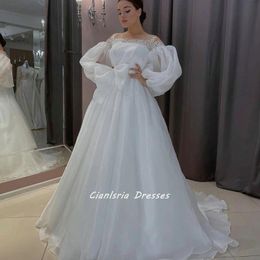 Andere Brautkleider Einfache Organza Illusion O-Ausschnitt Dubai Ballkleid Lange Puffärmel Applikationen Spitze Schleife Saudi-arabische BrautkleiderAndere