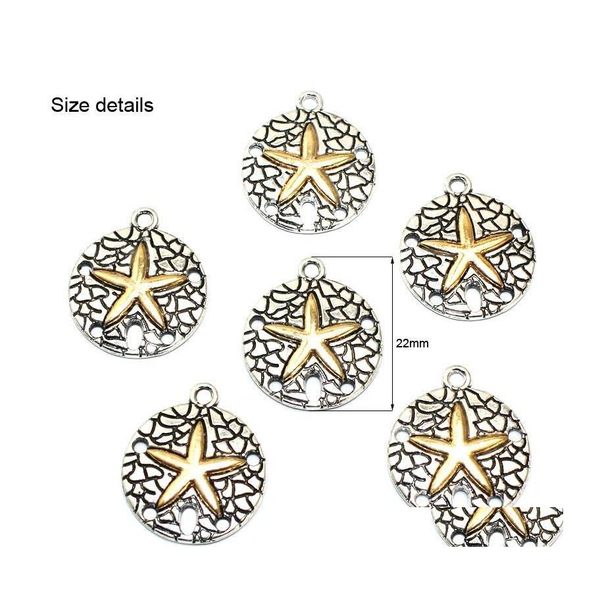 Autre vente en gros 50pcs / lot 22mm plage style rond étoile de mer charme pendentif pour bracelets collier bijoux résultats vintage argent / or colo Dho5U