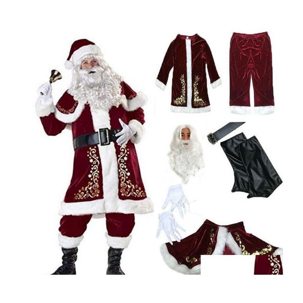 Autres vêtements Décorations de Noël 9pcs Veet Deluxe Père Noël Père Cosplay Costume Costume Adt Fancy Dress Fl Set Ensembles Drop Deliv DHPFB