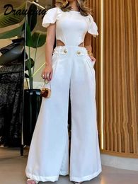 Autres vêtements drauUing Jumpsuit Femmes Side Hollow Out Loose Wide Jam Leg Pant élégant Jumpsuit blanc sexy Slve Slve coupé Jumps Cuit Femmes Y240509