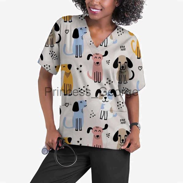 Otras prendas de vestir Nueva bata de salud con estampado animal Camiseta de enfermería con cuello en V de manga corta informal para mujer Camisa con estampado de perro de dibujos animados Vestido de trabajo Uniforme de enfermera x0711