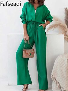 Anderen Apparel Spring Summer Blue Trouser Suit Set for Women Office Wear Chic Shirts Two Pally Pak Women Elegant Wide Pants Outfits Tracksuit Y240509