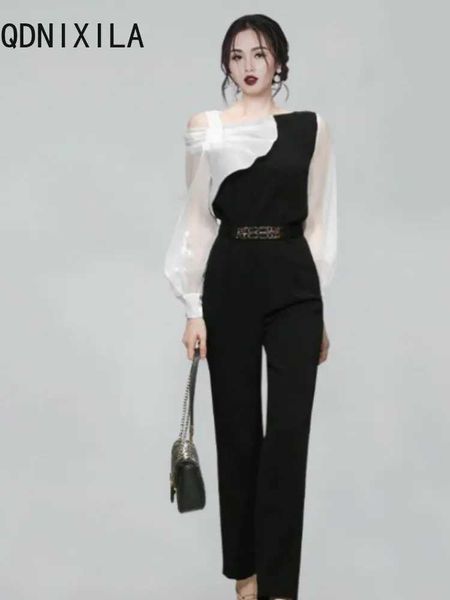 Autres vêtements deux pièces set pour les femmes printemps d'été Nouvelle lanterne sexy Slve Shirt Elegant Womens ensembles Belt High Waist Ninth Pantals Suits 2024 Y240509