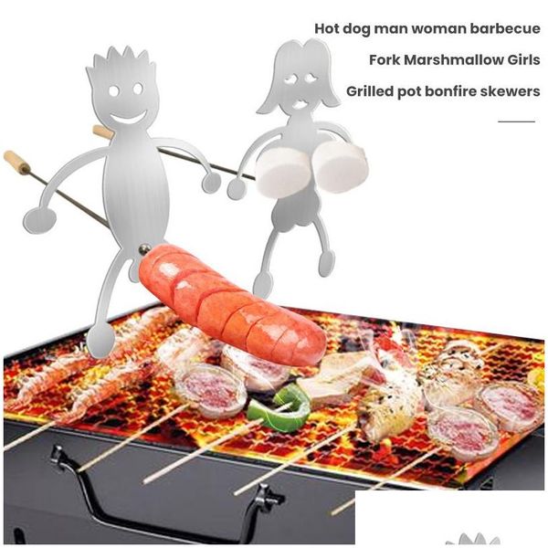 Autres6 BBQ Tools Accessoires 2pcs Set Dog Boy Roaster Rack Girl Cooker Funny SAU Metal Grilled Folie Fire Skewers Kitchen Gadget 23052 Dhey5