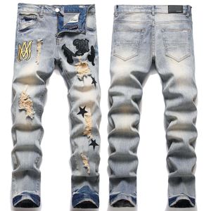 Ou Chao heren gebroken gat AM brief ster borduurwerk slim fit denim broek gepersonaliseerde badge straat blauw lente kleine voeten broek oud