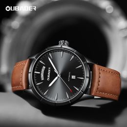 OUBAOER Military Automatic Mentes's Watchs Date de la journée en cuir Robe mécanique Horloge imperméable pour les hommes Montre Homme 240515