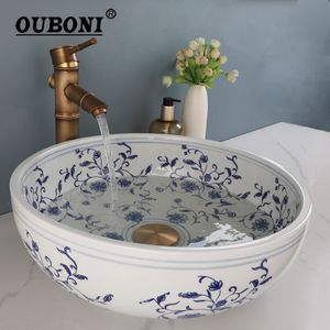 OUBONI Retro Retro Blue et Blanc Porcelain Basin Ensemble avec robinets de lavabo en laiton antique