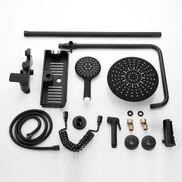 OUIO Black Bathroom Down Faucet Set Mound Mot Mot Plumefall Chason Pays Douche avec pulvérisateur à main avec boucherie de douche de baignoire d'étagère