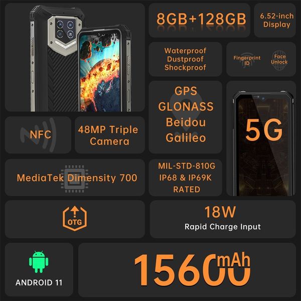 OUKITEL WP15 Smartphone robuste 15600mAh 8 Go + 128 Go 6,5 